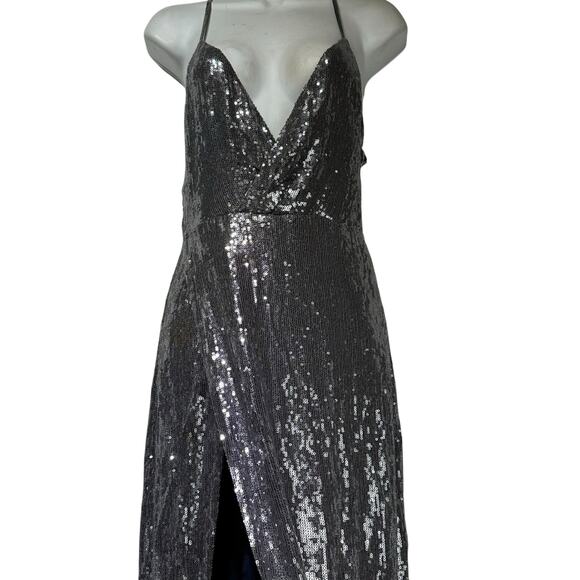 Réve Riche Sequin Gown Silver Maxi Dress Spaghetti Strap Slit Glam Formal Sz 38 - Picture 3 of 9